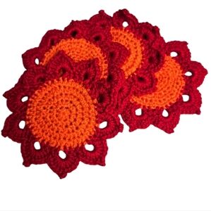 Deep Red and Orange Crochet Sunflower Coasters -Set Of 4-
